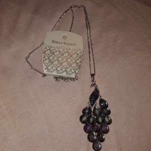 Worldmarket peacock long silver chain necklace